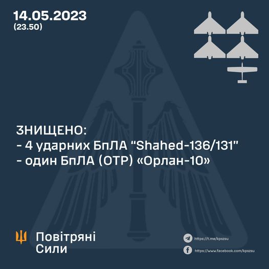Під час нічної атаки Повітряні сили знищили чотири ударні та один розвідувальний безпілотники ворога
