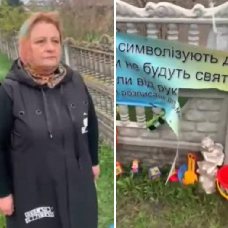 На Житомирщині парафіянка УПЦ МП зіпсувала банер у пам’ять дітям, яких вбила Росія (ВІДЕО)