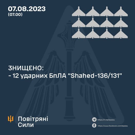 Вночі у південних і східних регіонах знищено 12 ударних БПЛА Shahed-136/131 – Повітряні сили