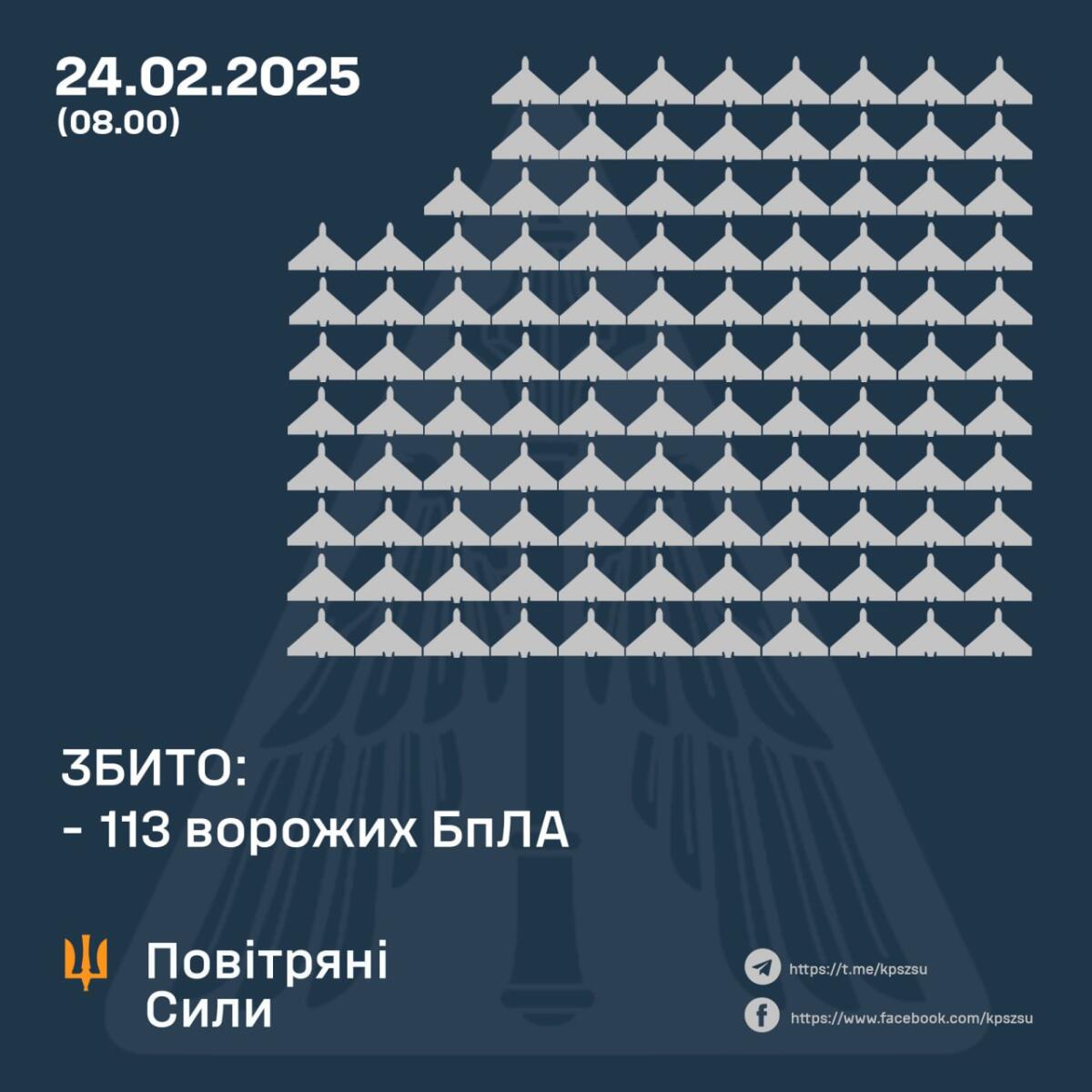 Повітряні сили відбили чергову дронову атаку: збито 113 російських БПЛА